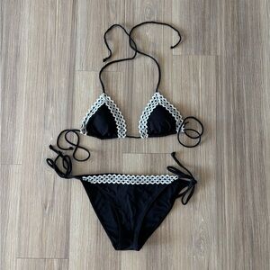 H&M Bikini Swim Set Black Beige Crochet 2 Piece Beach Womens S/L NWOT Boho